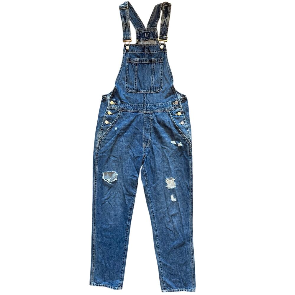 GAP Slouchy Distressed Denim Overalls Women's Size XS Medium Wash Ripped Bib